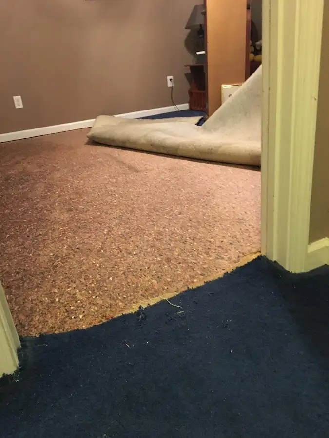 Carpet pad removal revealing water damage during Water Mitigation Services in Pinehurst